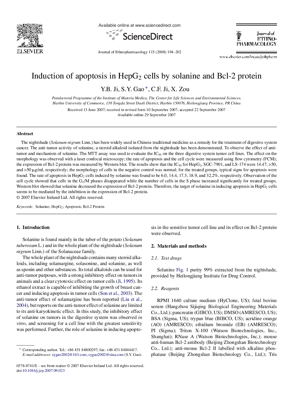 Induction of apoptosis in HepG2 cells by solanine and Bcl-2 protein