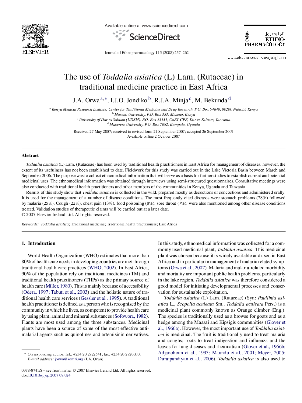 The use of Toddalia asiatica (L) Lam. (Rutaceae) in traditional medicine practice in East Africa