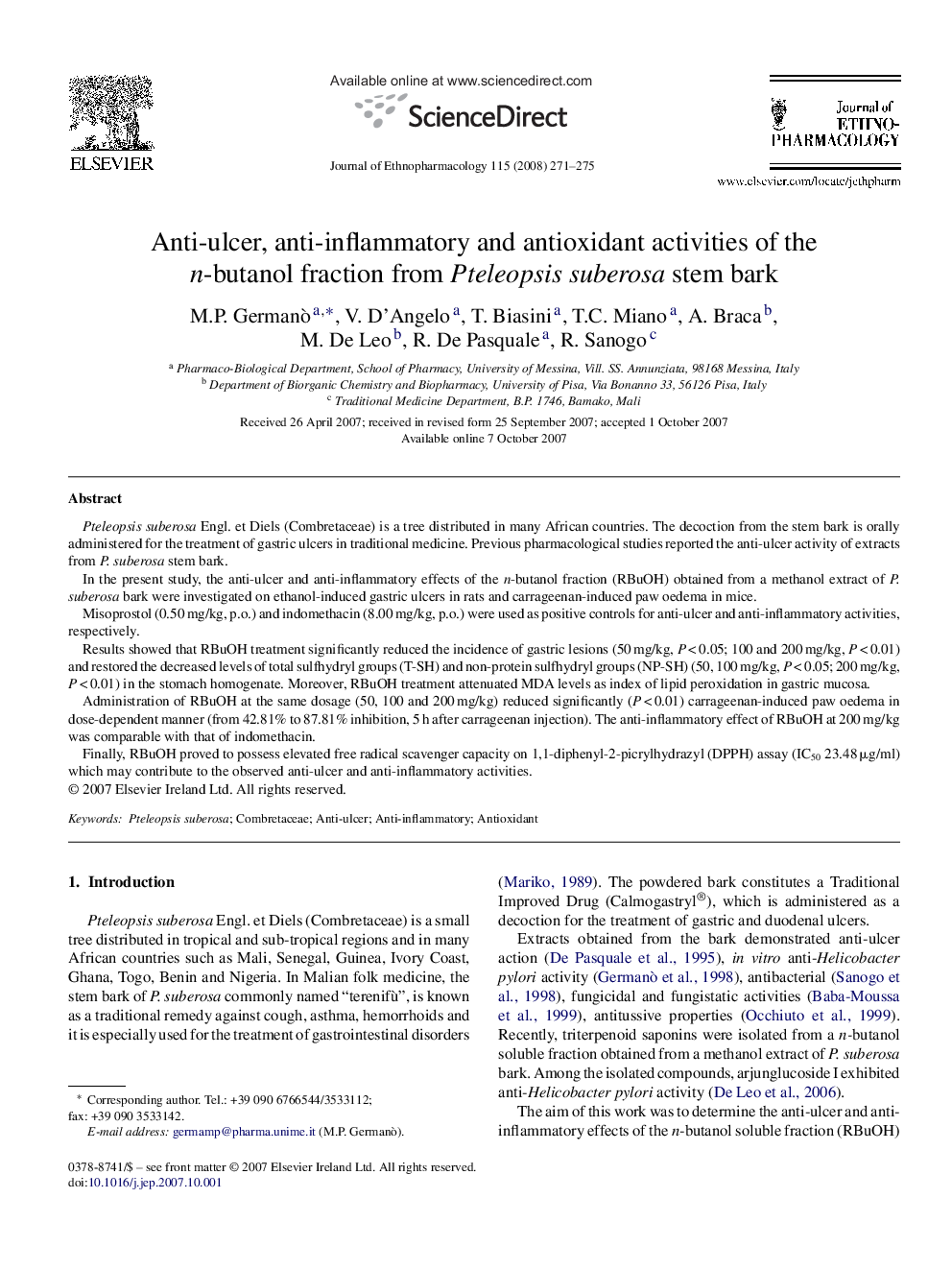 Anti-ulcer, anti-inflammatory and antioxidant activities of the n-butanol fraction from Pteleopsis suberosa stem bark