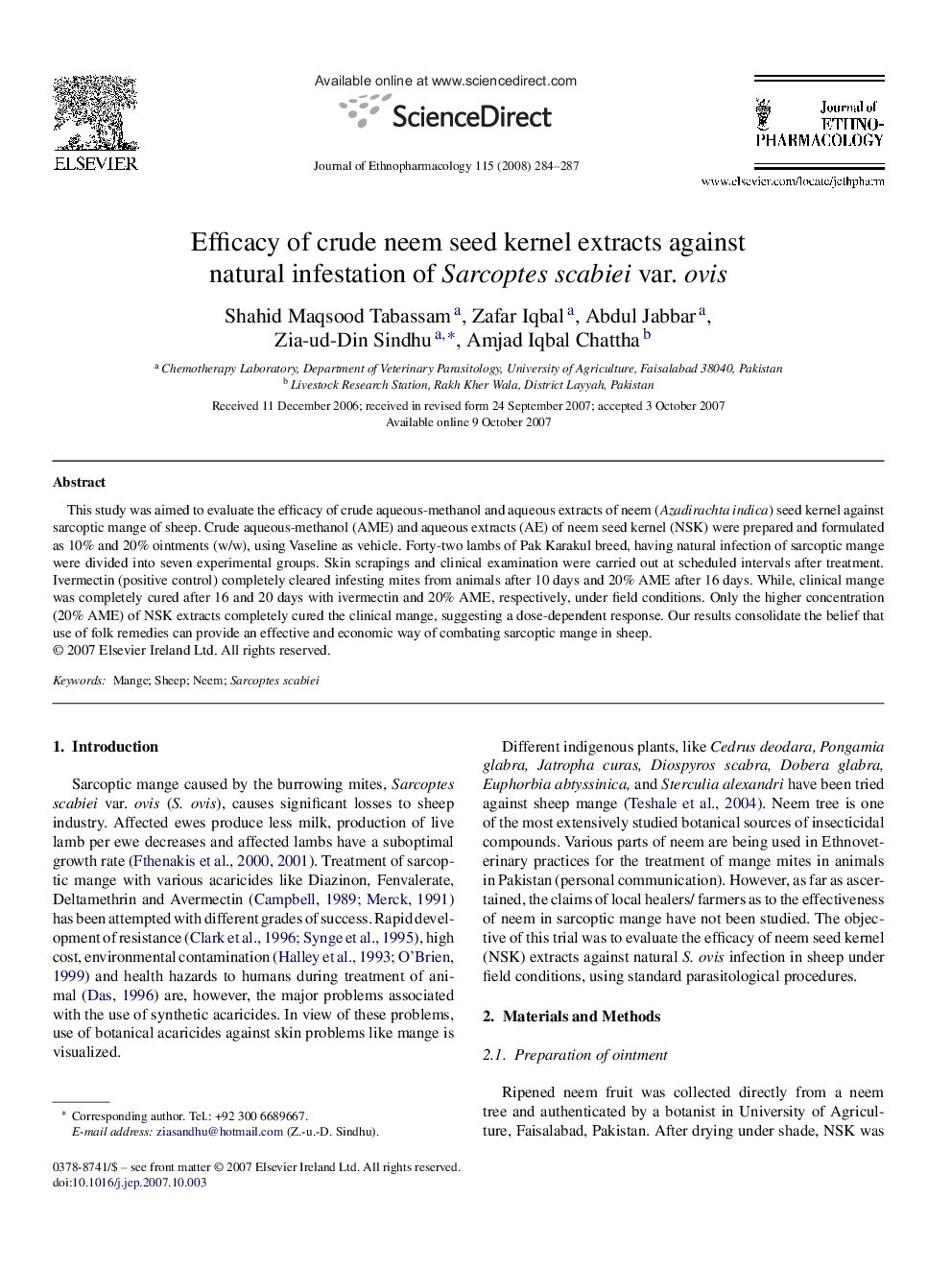 Efficacy of crude neem seed kernel extracts against natural infestation of Sarcoptes scabiei var. ovis