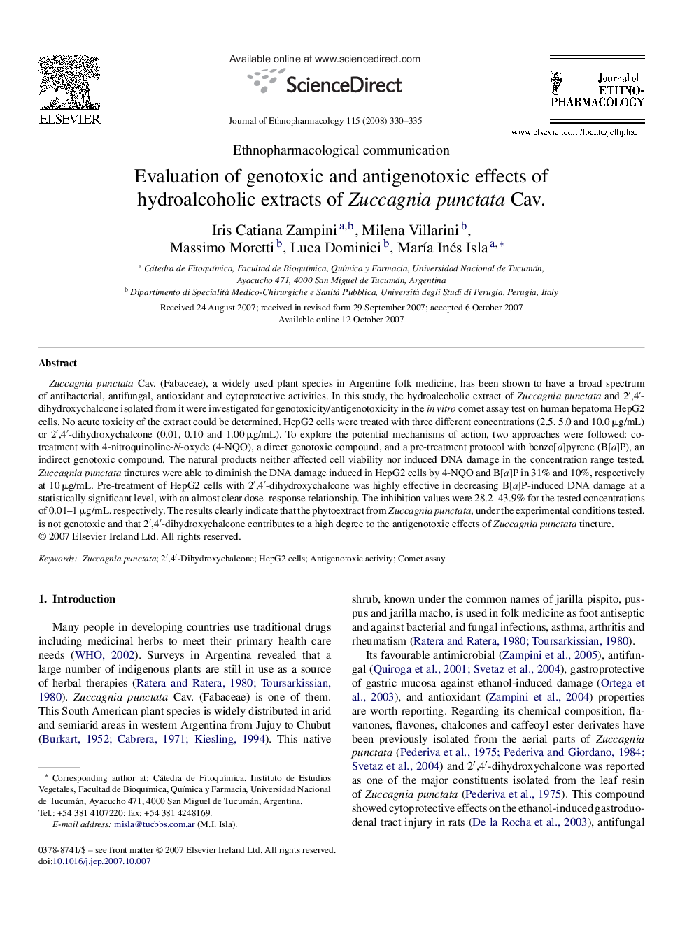 Evaluation of genotoxic and antigenotoxic effects of hydroalcoholic extracts of Zuccagnia punctata Cav.