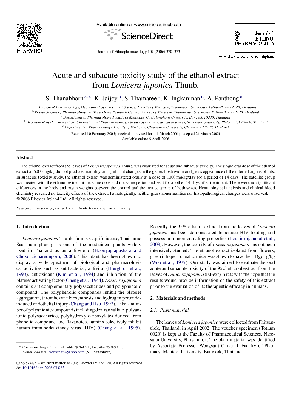 Acute and subacute toxicity study of the ethanol extract from Lonicera japonica Thunb.