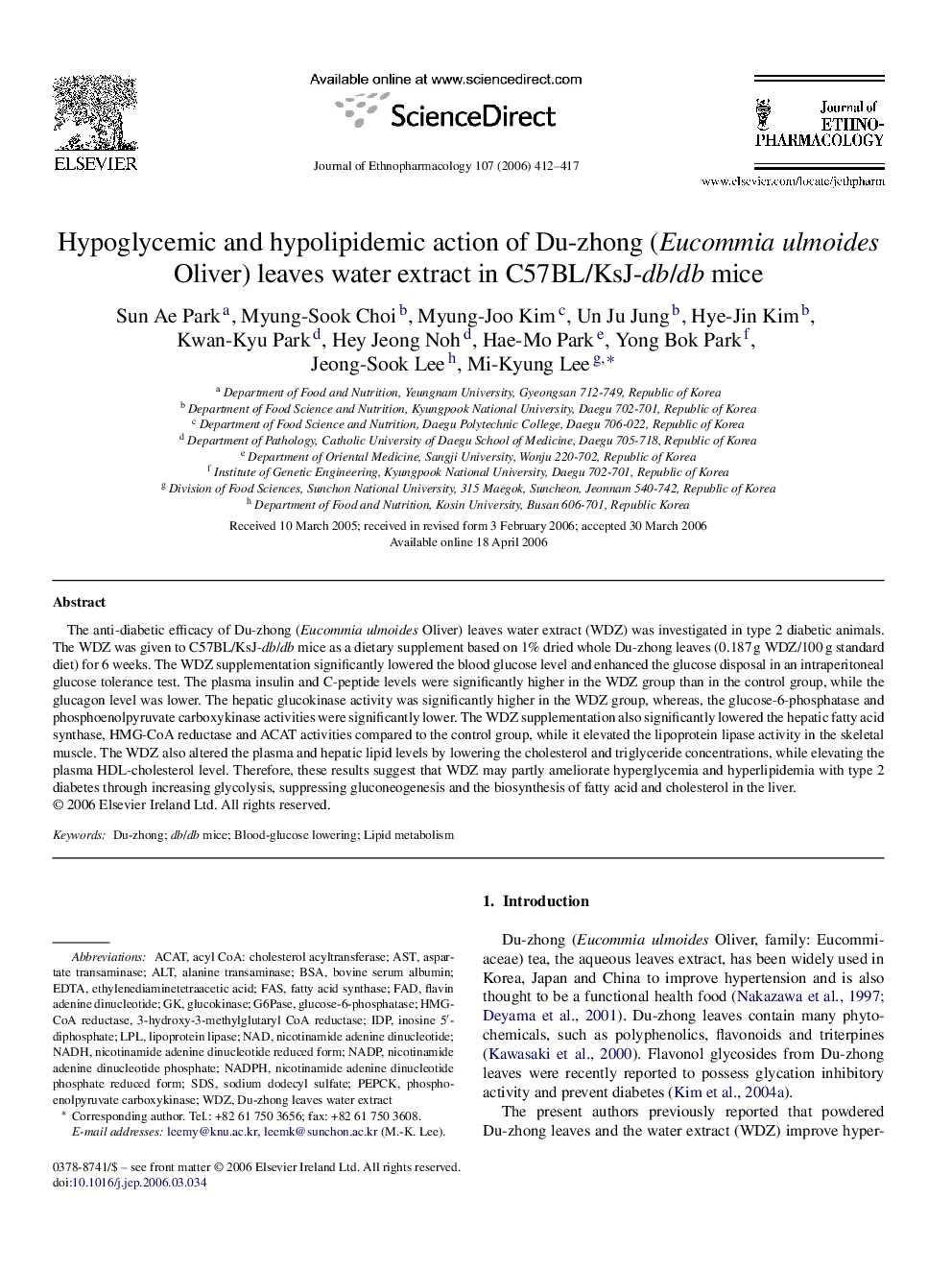 Hypoglycemic and hypolipidemic action of Du-zhong (Eucommia ulmoides Oliver) leaves water extract in C57BL/KsJ-db/db mice