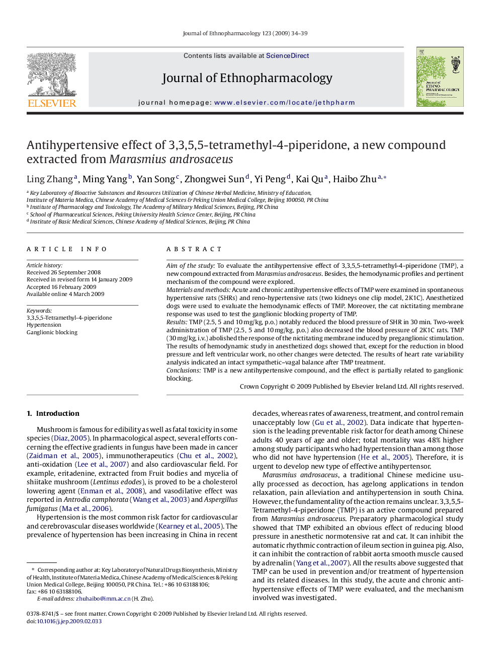 Antihypertensive effect of 3,3,5,5-tetramethyl-4-piperidone, a new compound extracted from Marasmius androsaceus