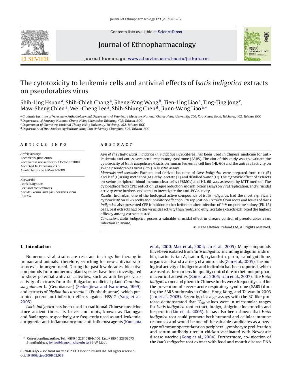 The cytotoxicity to leukemia cells and antiviral effects of Isatis indigotica extracts on pseudorabies virus