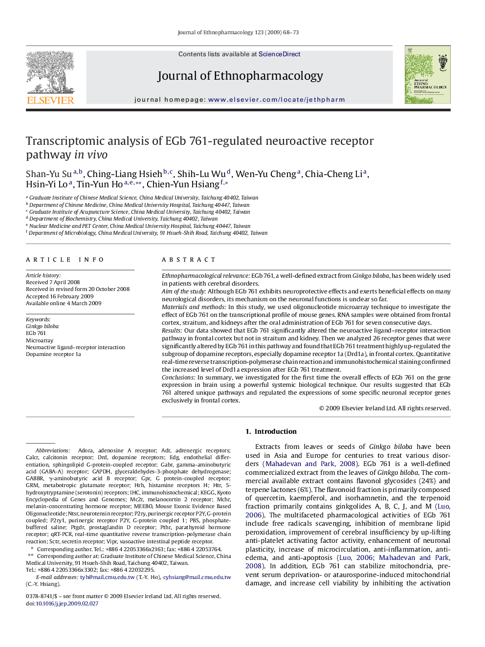 Transcriptomic analysis of EGb 761-regulated neuroactive receptor pathway in vivo