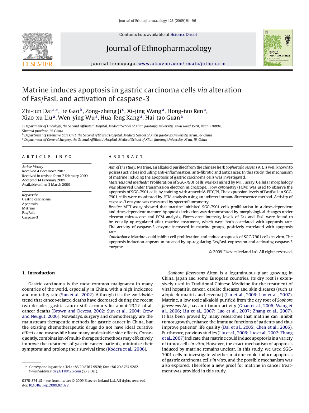 Matrine induces apoptosis in gastric carcinoma cells via alteration of Fas/FasL and activation of caspase-3