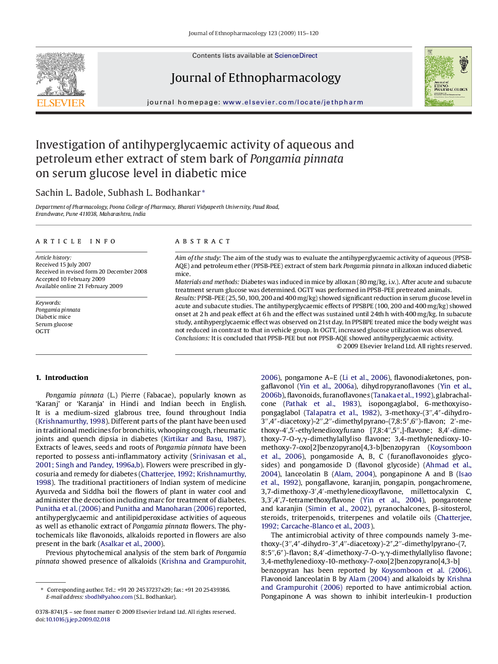 Investigation of antihyperglycaemic activity of aqueous and petroleum ether extract of stem bark of Pongamia pinnata on serum glucose level in diabetic mice