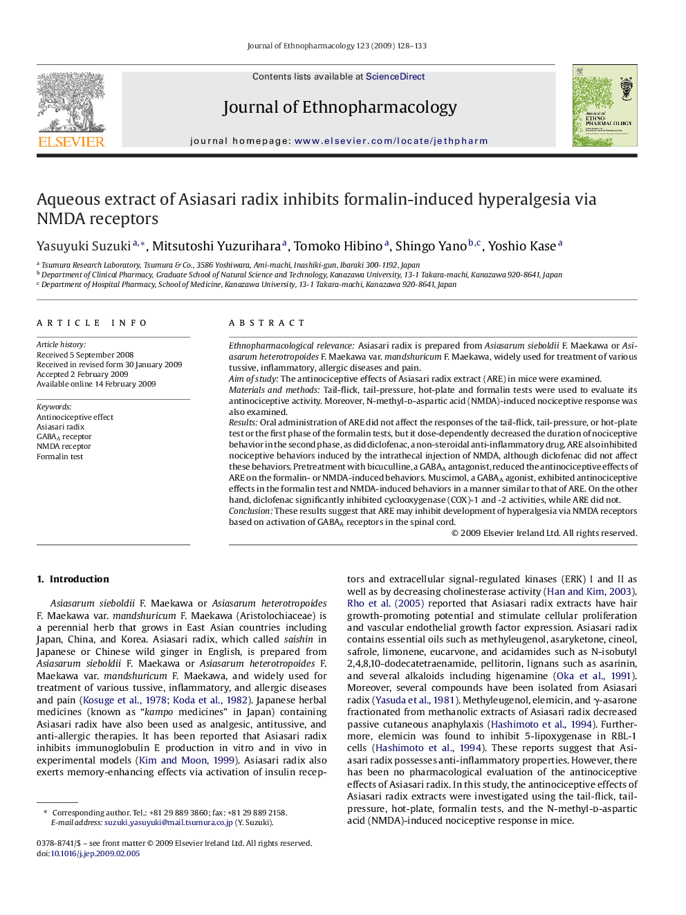 Aqueous extract of Asiasari radix inhibits formalin-induced hyperalgesia via NMDA receptors