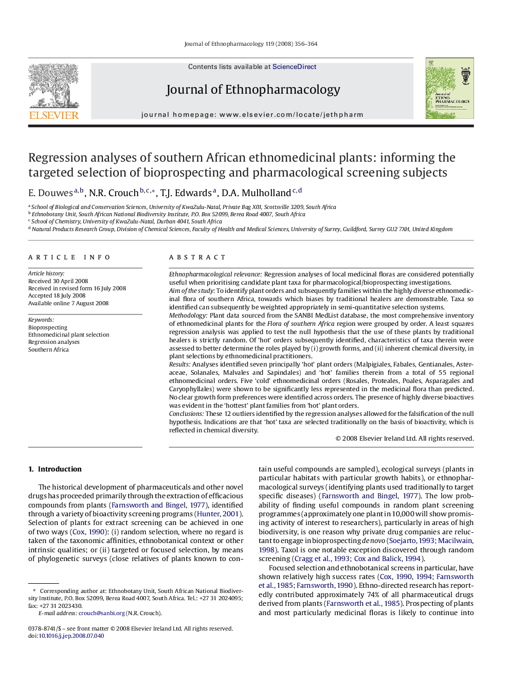 Regression analyses of southern African ethnomedicinal plants: informing the targeted selection of bioprospecting and pharmacological screening subjects