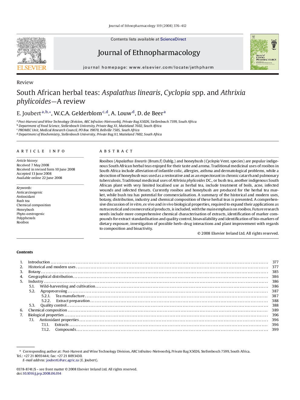 South African herbal teas: Aspalathus linearis, Cyclopia spp. and Athrixia phylicoides—A review