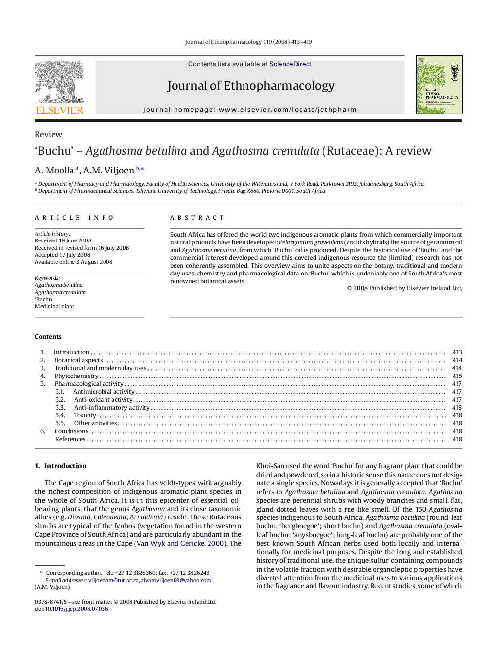 ‘Buchu’ – Agathosma betulina and Agathosma crenulata (Rutaceae): A review