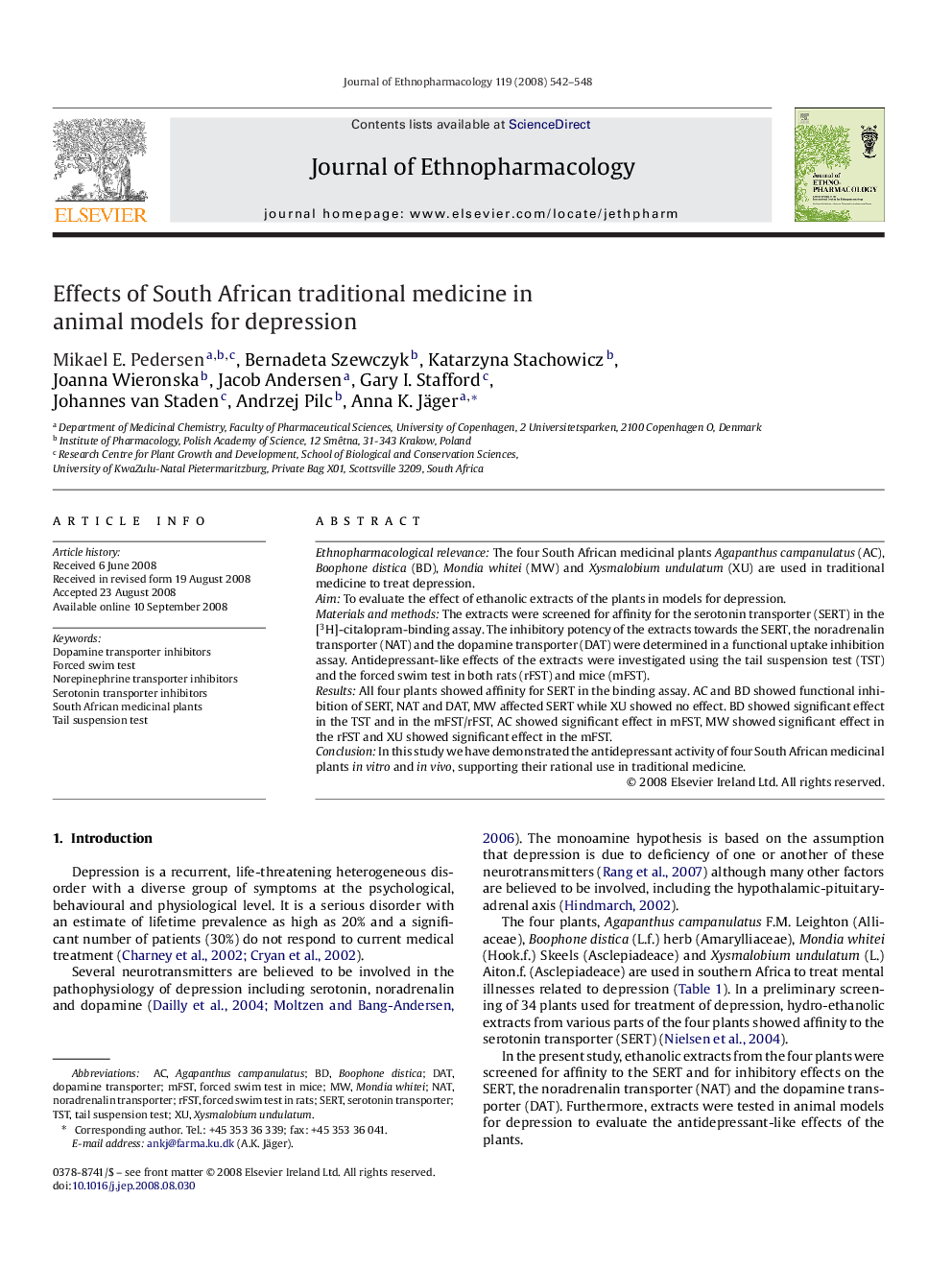 Effects of South African traditional medicine in animal models for depression