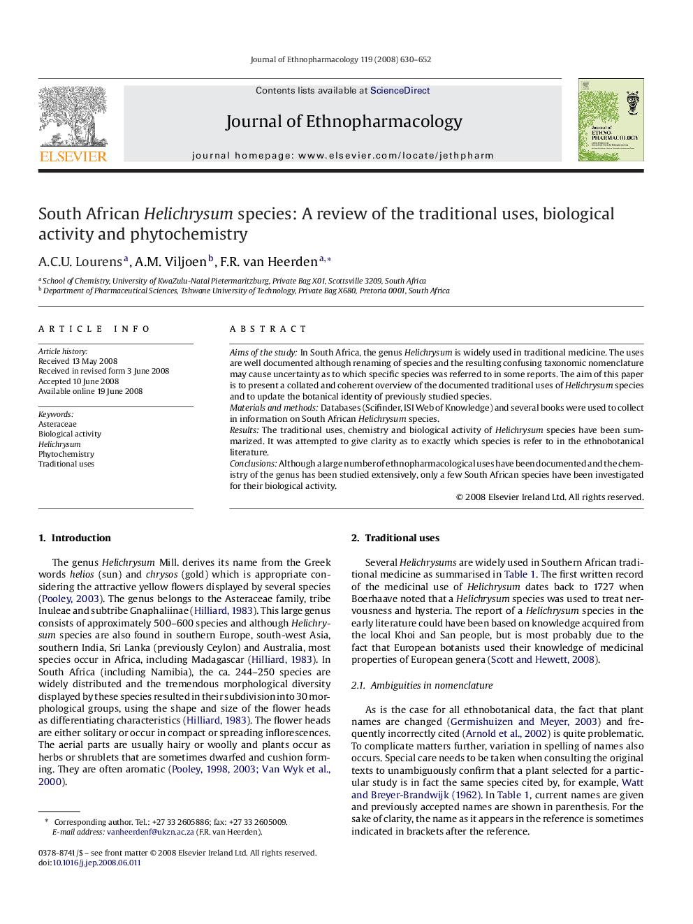 South African Helichrysum species: A review of the traditional uses, biological activity and phytochemistry