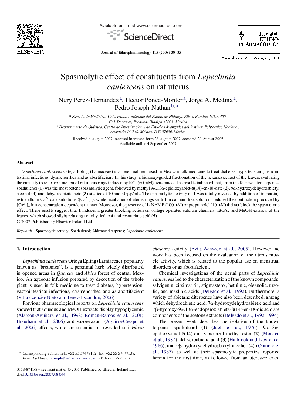 Spasmolytic effect of constituents from Lepechinia caulescens on rat uterus