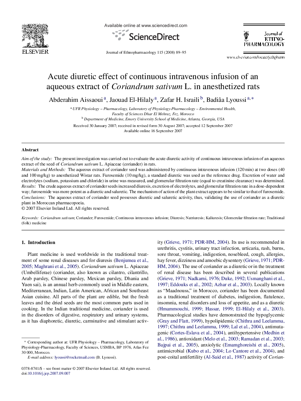 Acute diuretic effect of continuous intravenous infusion of an aqueous extract of Coriandrum sativum L. in anesthetized rats