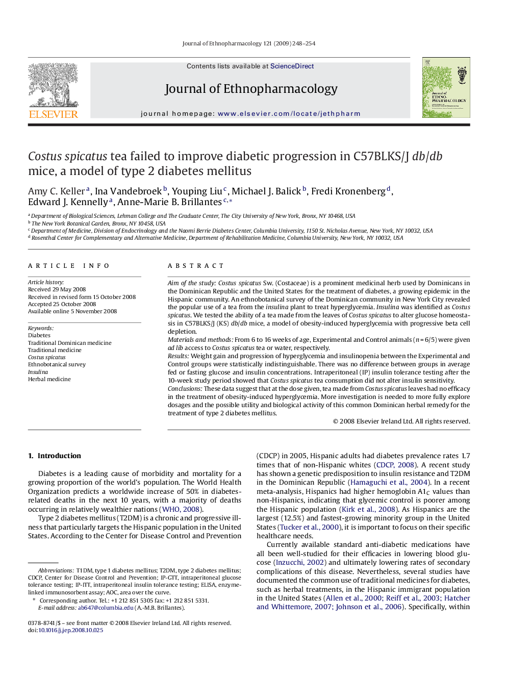 Costus spicatus tea failed to improve diabetic progression in C57BLKS/J db/db mice, a model of type 2 diabetes mellitus