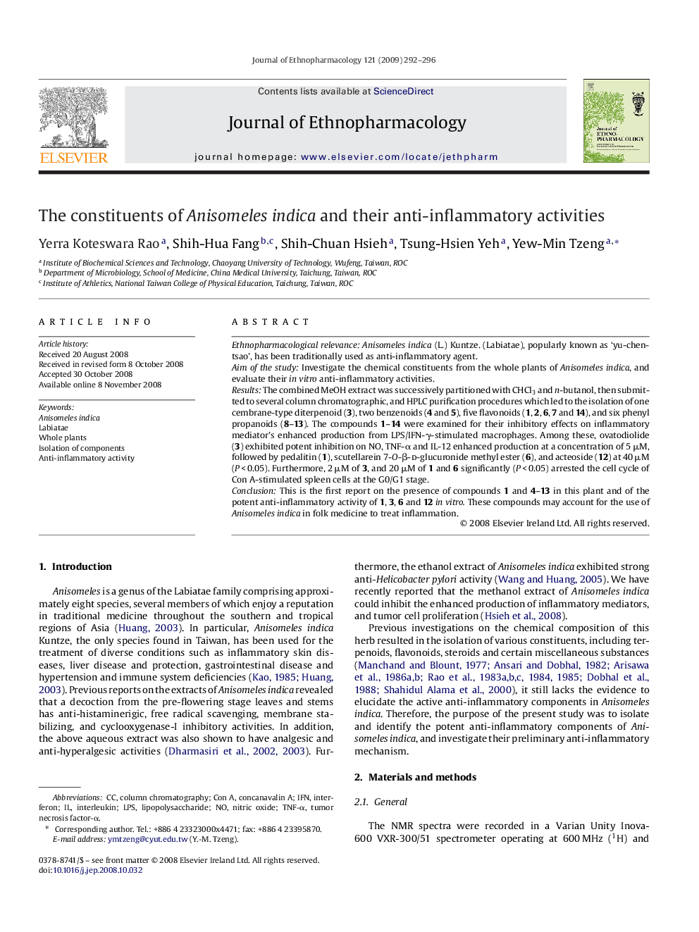 The constituents of Anisomeles indica and their anti-inflammatory activities