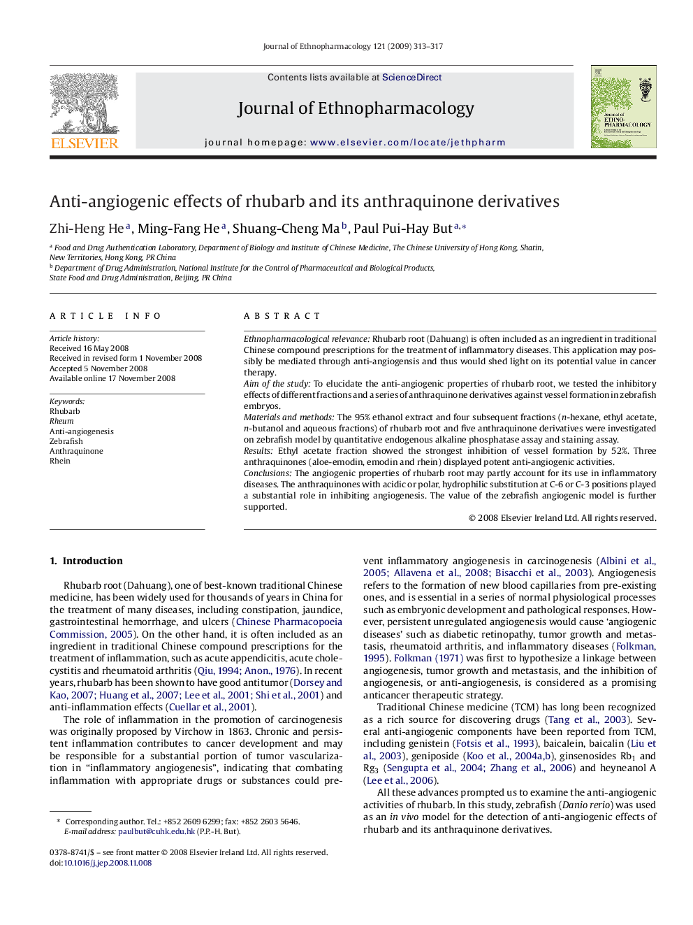 Anti-angiogenic effects of rhubarb and its anthraquinone derivatives