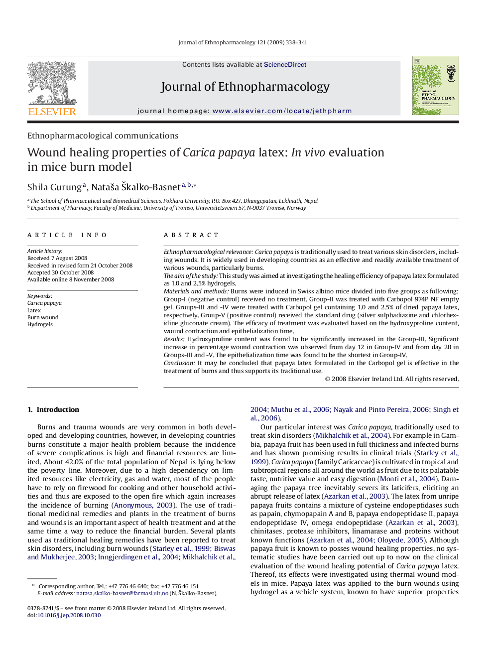 Wound healing properties of Carica papaya latex: In vivo evaluation in mice burn model