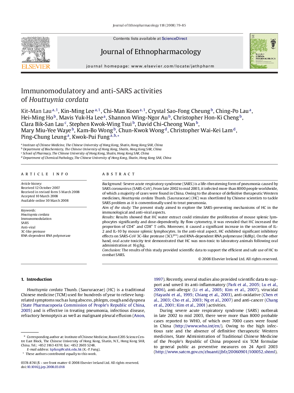 Immunomodulatory and anti-SARS activities of Houttuynia cordata