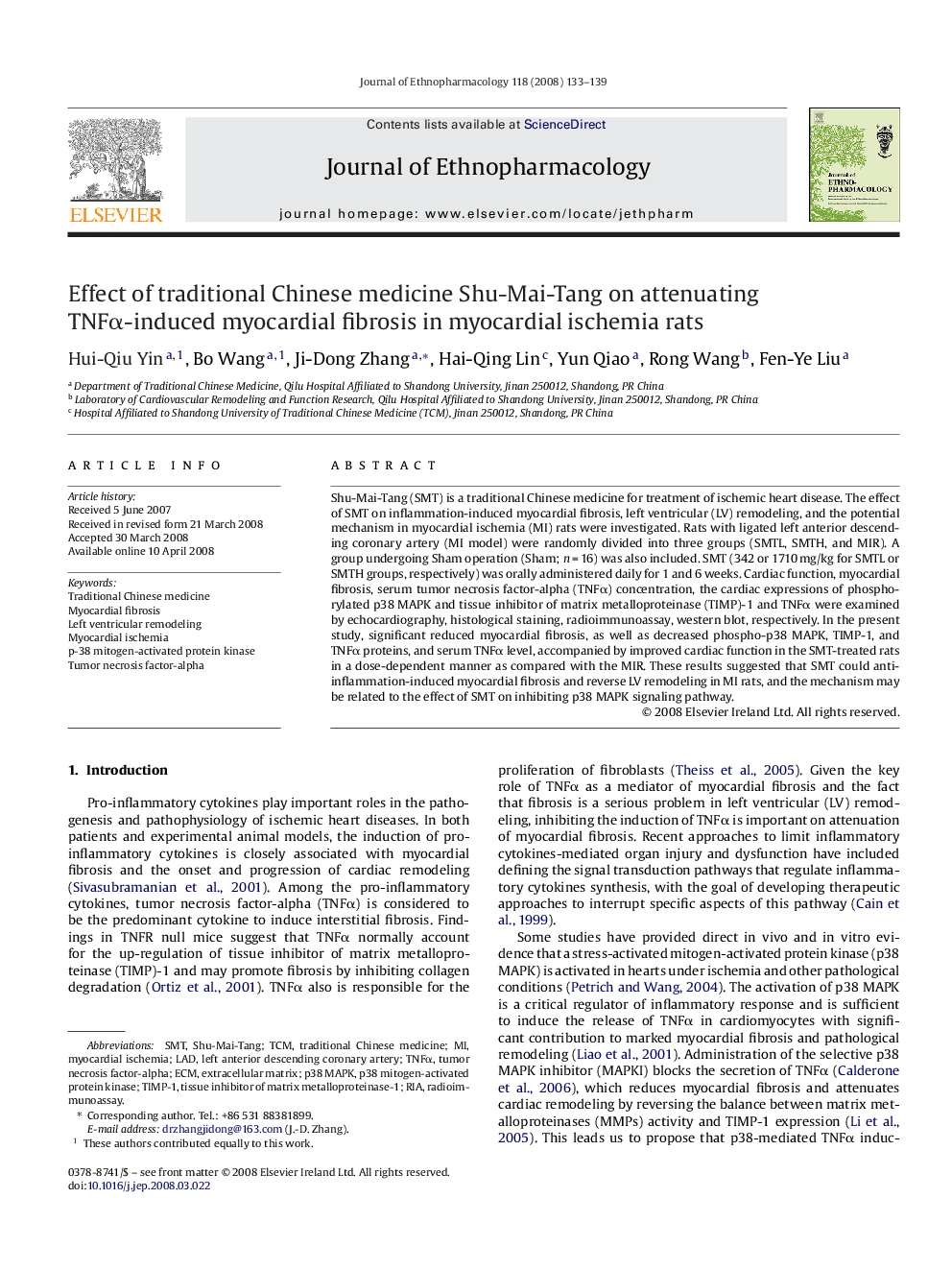 Effect of traditional Chinese medicine Shu-Mai-Tang on attenuating TNFα-induced myocardial fibrosis in myocardial ischemia rats