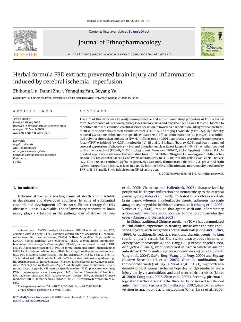 Herbal formula FBD extracts prevented brain injury and inflammation induced by cerebral ischemia–reperfusion