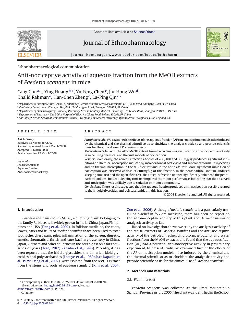 Anti-nociceptive activity of aqueous fraction from the MeOH extracts of Paederia scandens in mice