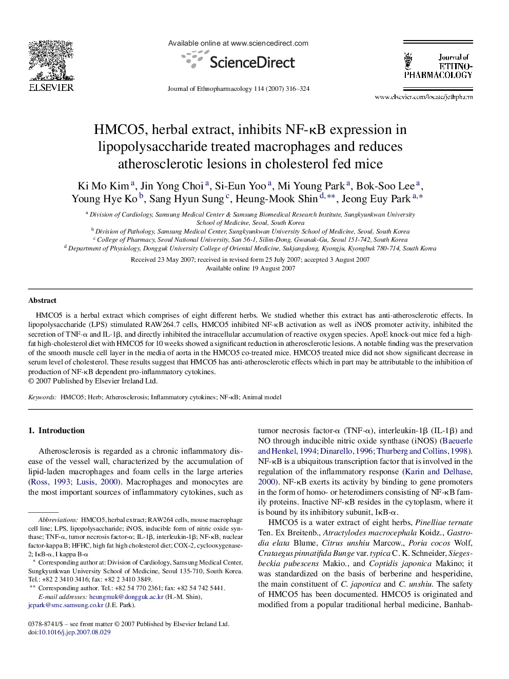 HMCO5, herbal extract, inhibits NF-κB expression in lipopolysaccharide treated macrophages and reduces atherosclerotic lesions in cholesterol fed mice