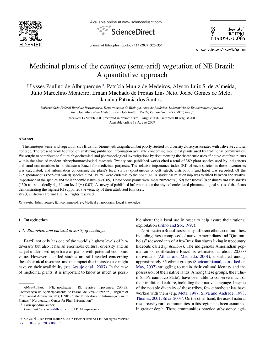 Medicinal plants of the caatinga (semi-arid) vegetation of NE Brazil: A quantitative approach