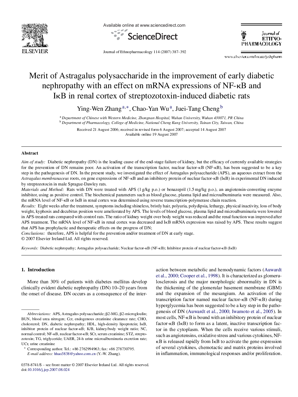 Merit of Astragalus polysaccharide in the improvement of early diabetic nephropathy with an effect on mRNA expressions of NF-κB and IκB in renal cortex of streptozotoxin-induced diabetic rats