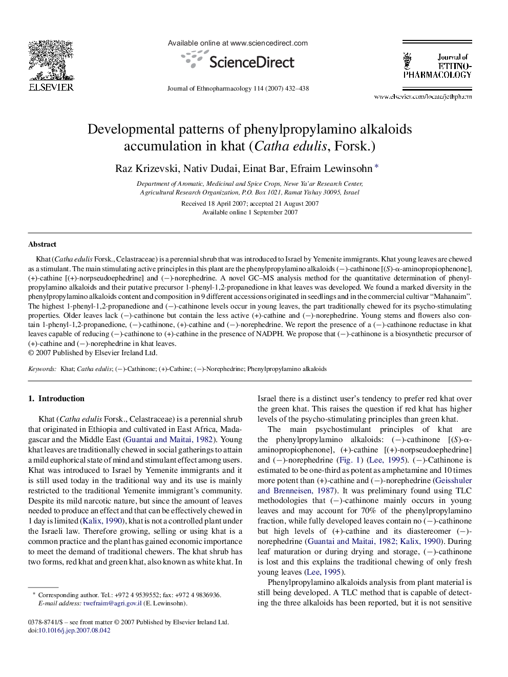 Developmental patterns of phenylpropylamino alkaloids accumulation in khat (Catha edulis, Forsk.)