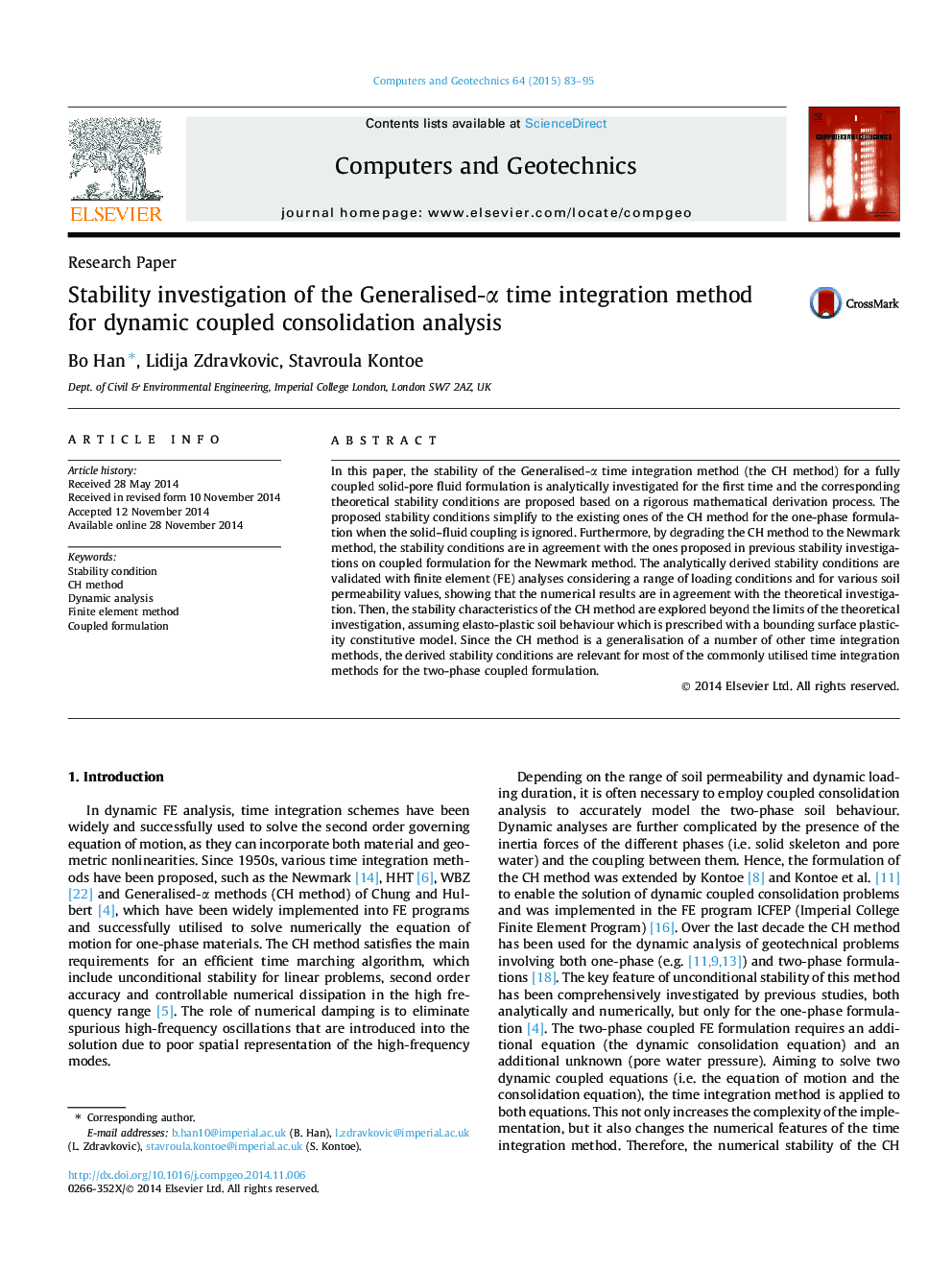 Stability investigation of the Generalised-α time integration method for dynamic coupled consolidation analysis