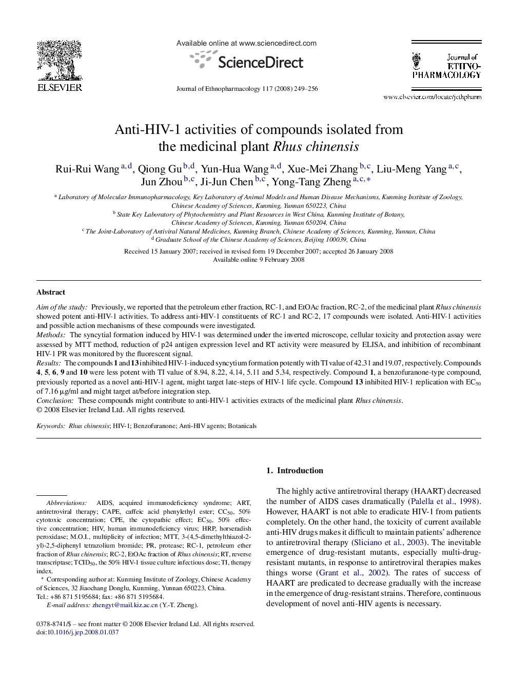 Anti-HIV-1 activities of compounds isolated from the medicinal plant Rhus chinensis