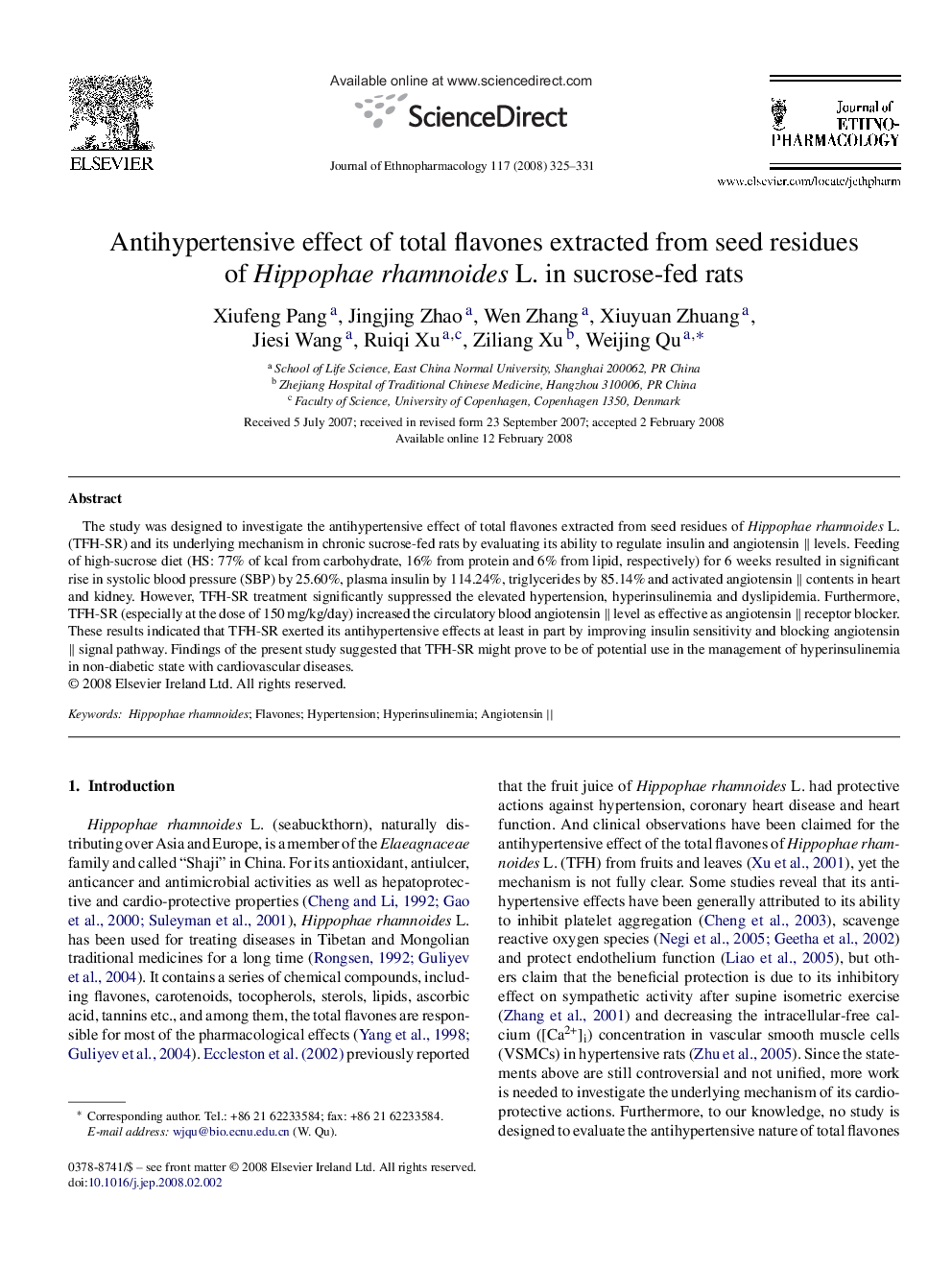 Antihypertensive effect of total flavones extracted from seed residues of Hippophae rhamnoides L. in sucrose-fed rats