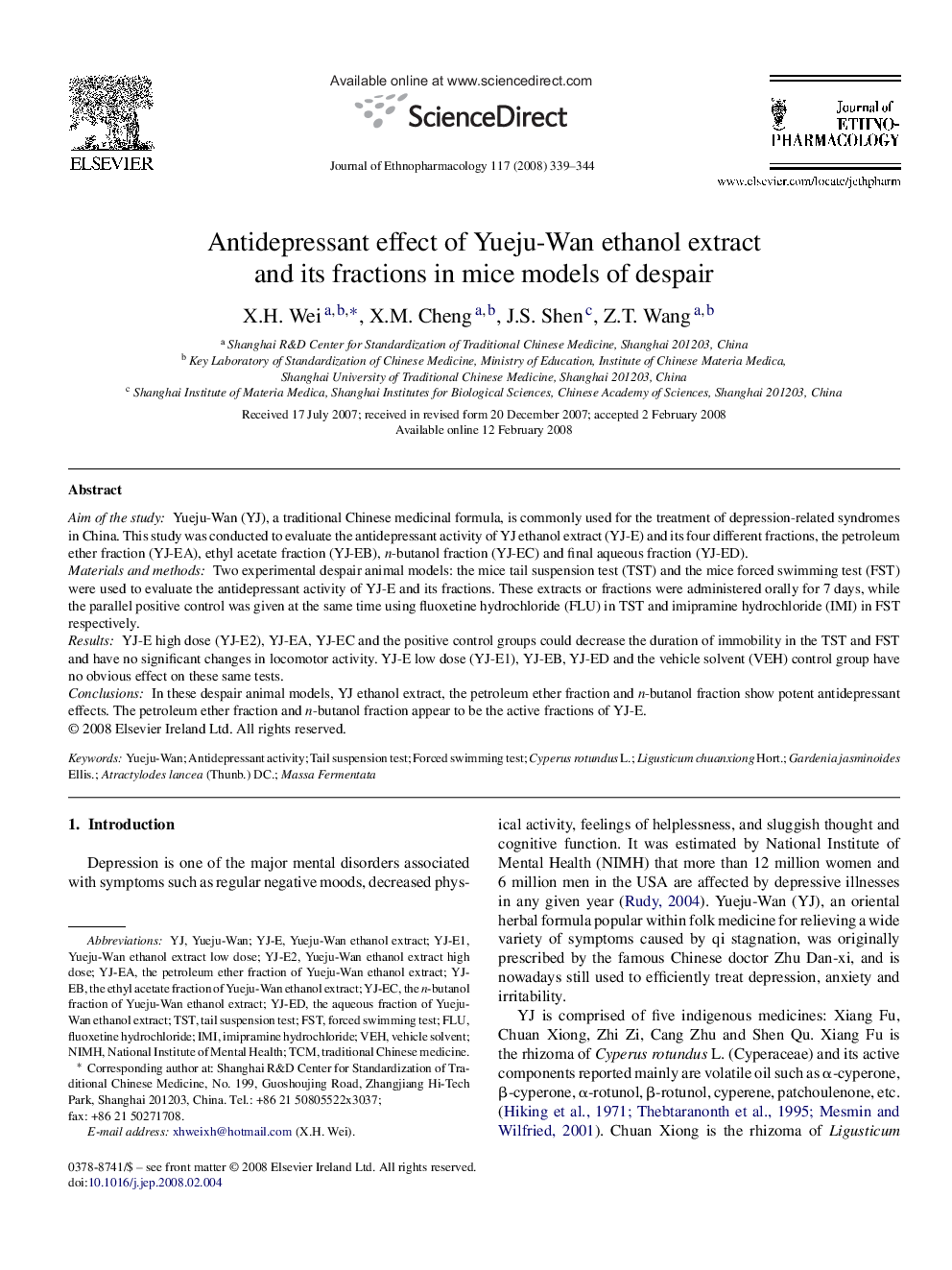 Antidepressant effect of Yueju-Wan ethanol extract and its fractions in mice models of despair