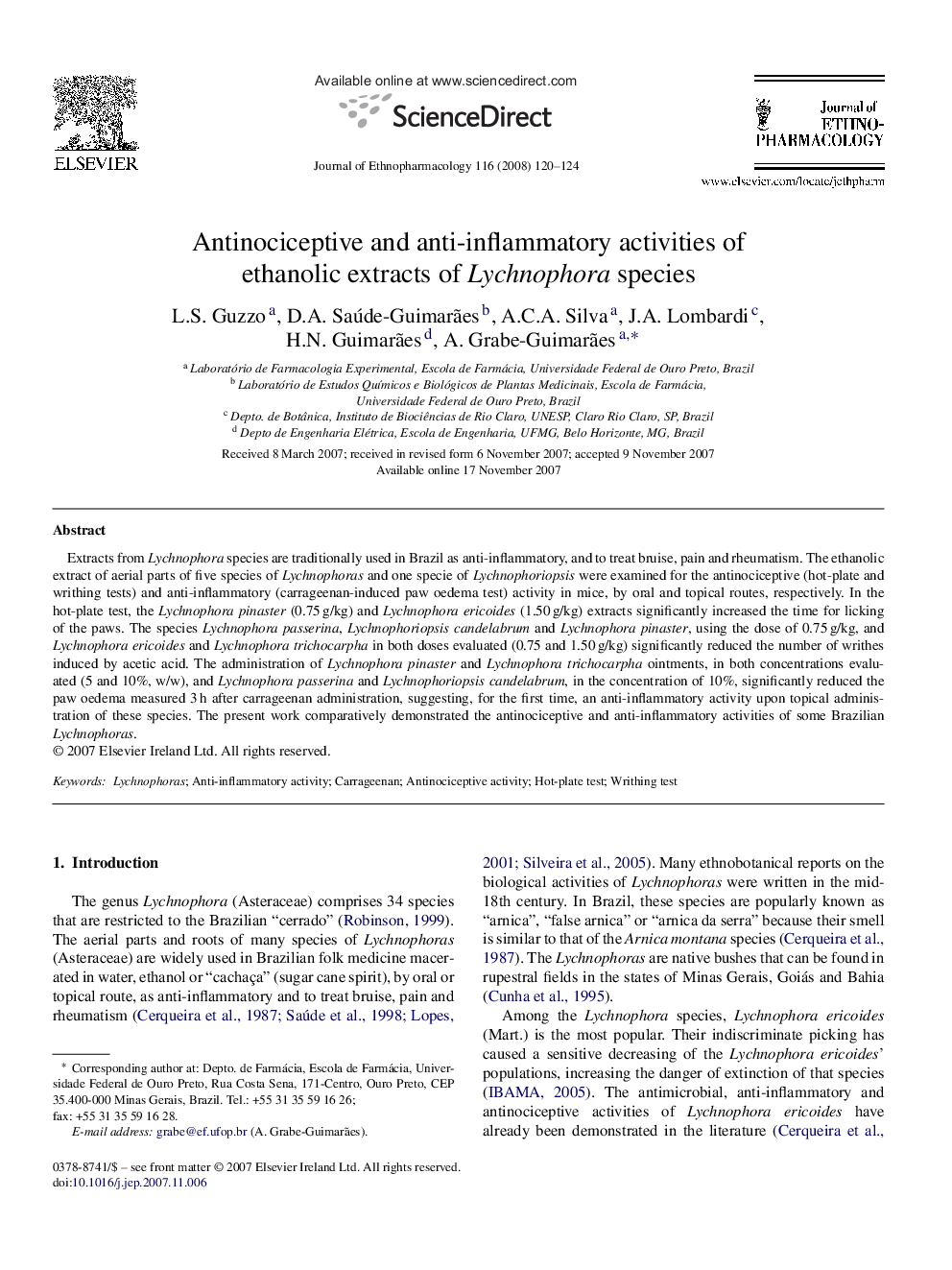 Antinociceptive and anti-inflammatory activities of ethanolic extracts of Lychnophora species