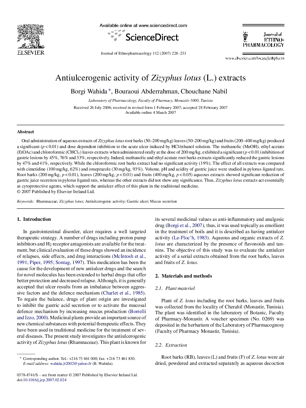 Antiulcerogenic activity of Zizyphus lotus (L.) extracts