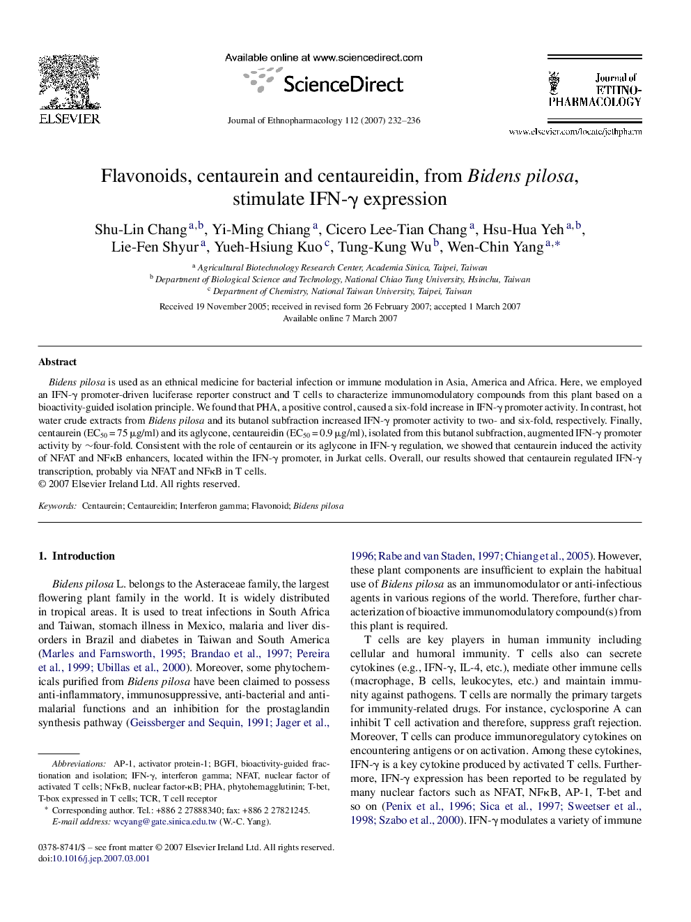 Flavonoids, centaurein and centaureidin, from Bidens pilosa, stimulate IFN-γ expression