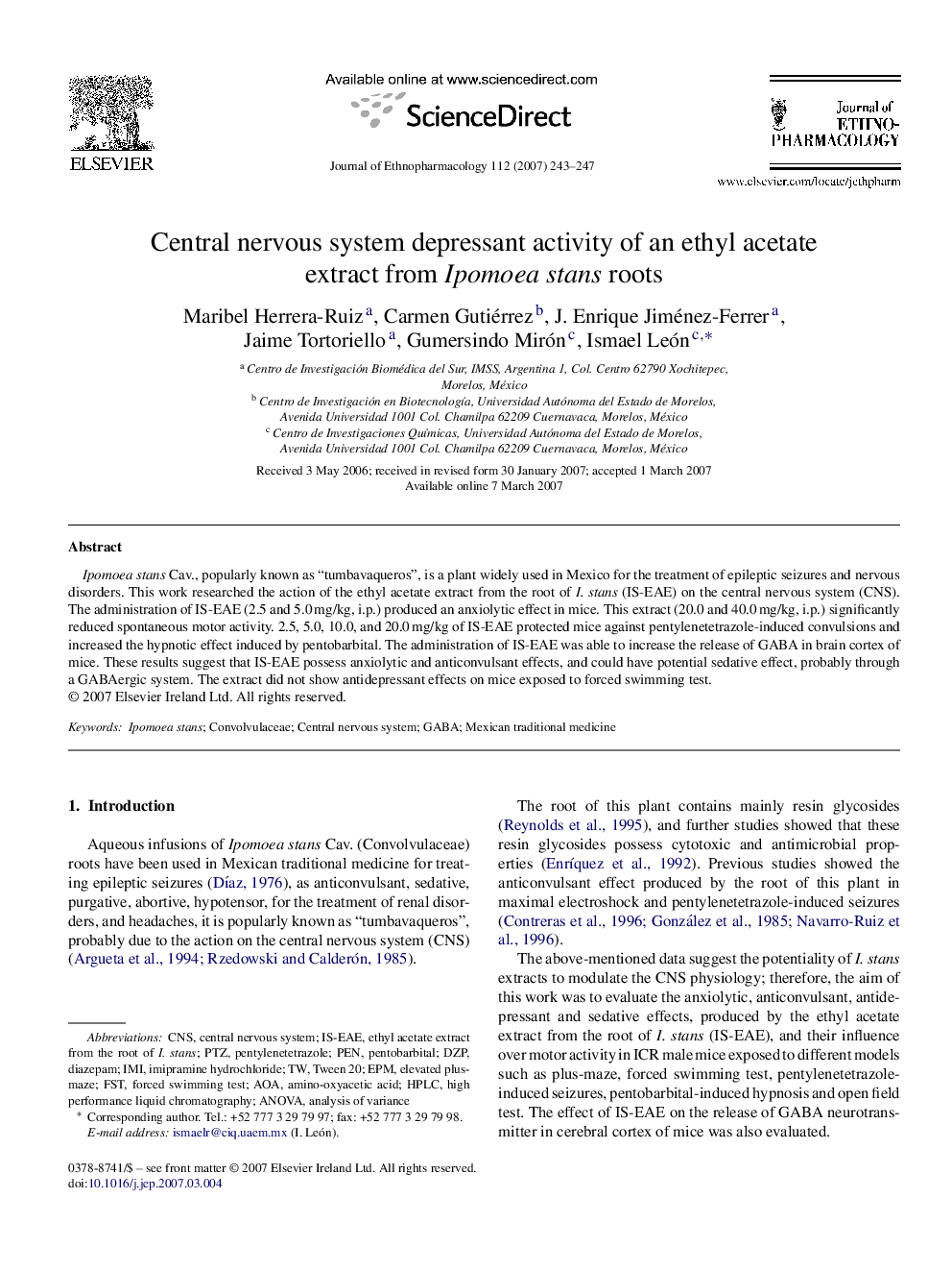 Central nervous system depressant activity of an ethyl acetate extract from Ipomoea stans roots