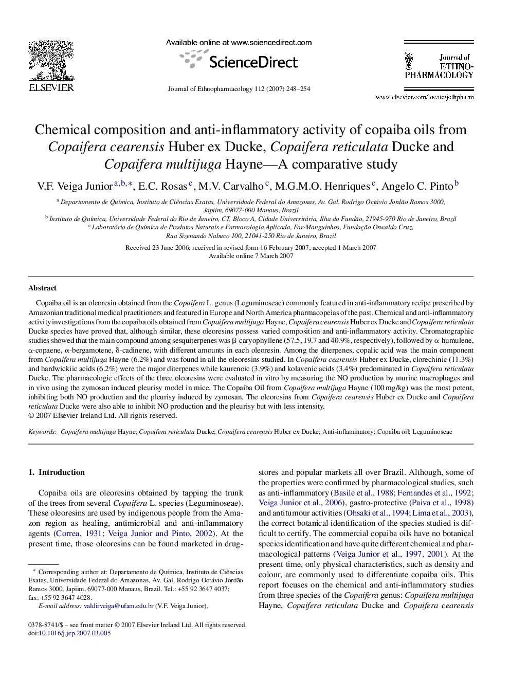 Chemical composition and anti-inflammatory activity of copaiba oils from Copaifera cearensis Huber ex Ducke, Copaifera reticulata Ducke and Copaifera multijuga Hayne—A comparative study