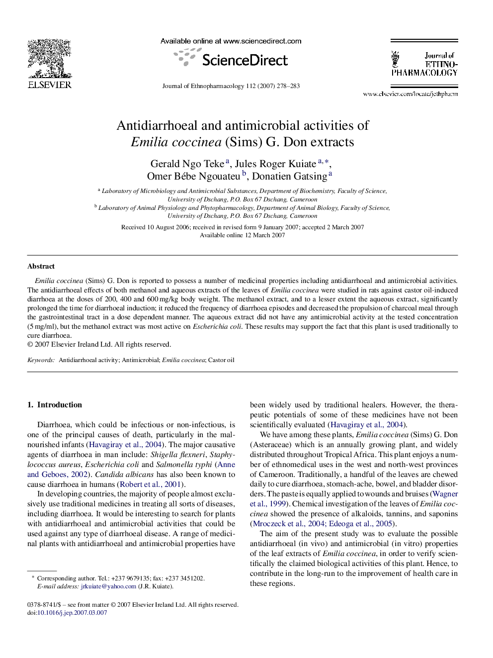 Antidiarrhoeal and antimicrobial activities of Emilia coccinea (Sims) G. Don extracts