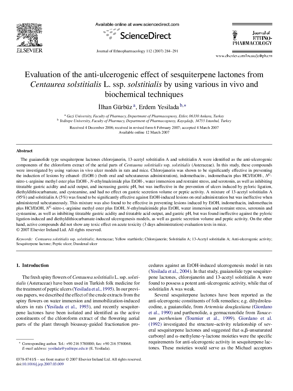 Evaluation of the anti-ulcerogenic effect of sesquiterpene lactones from Centaurea solstitialis L. ssp. solstitialis by using various in vivo and biochemical techniques