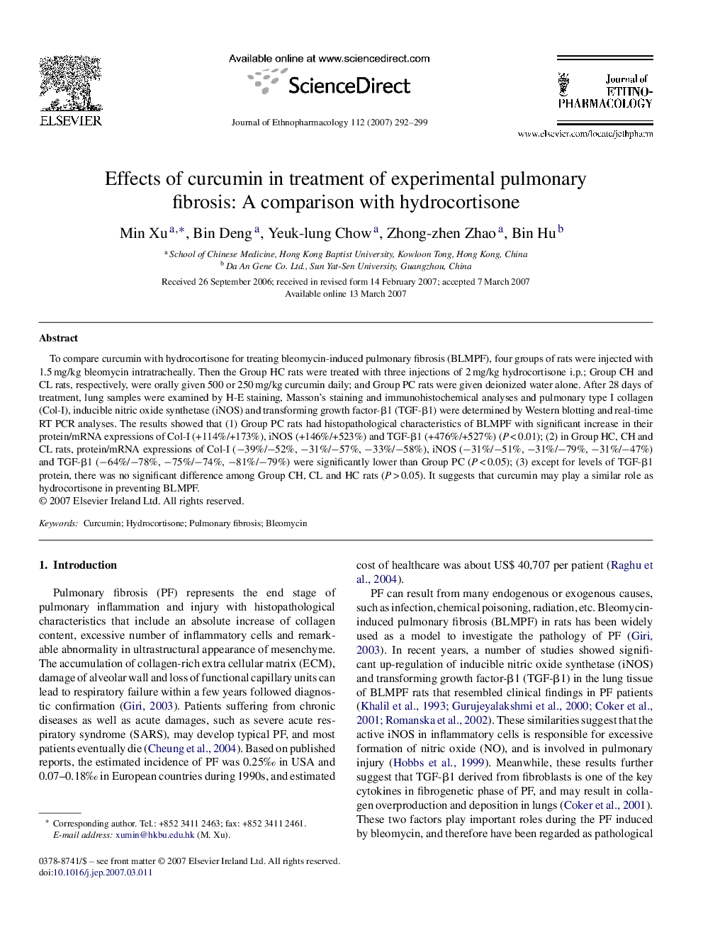 Effects of curcumin in treatment of experimental pulmonary fibrosis: A comparison with hydrocortisone