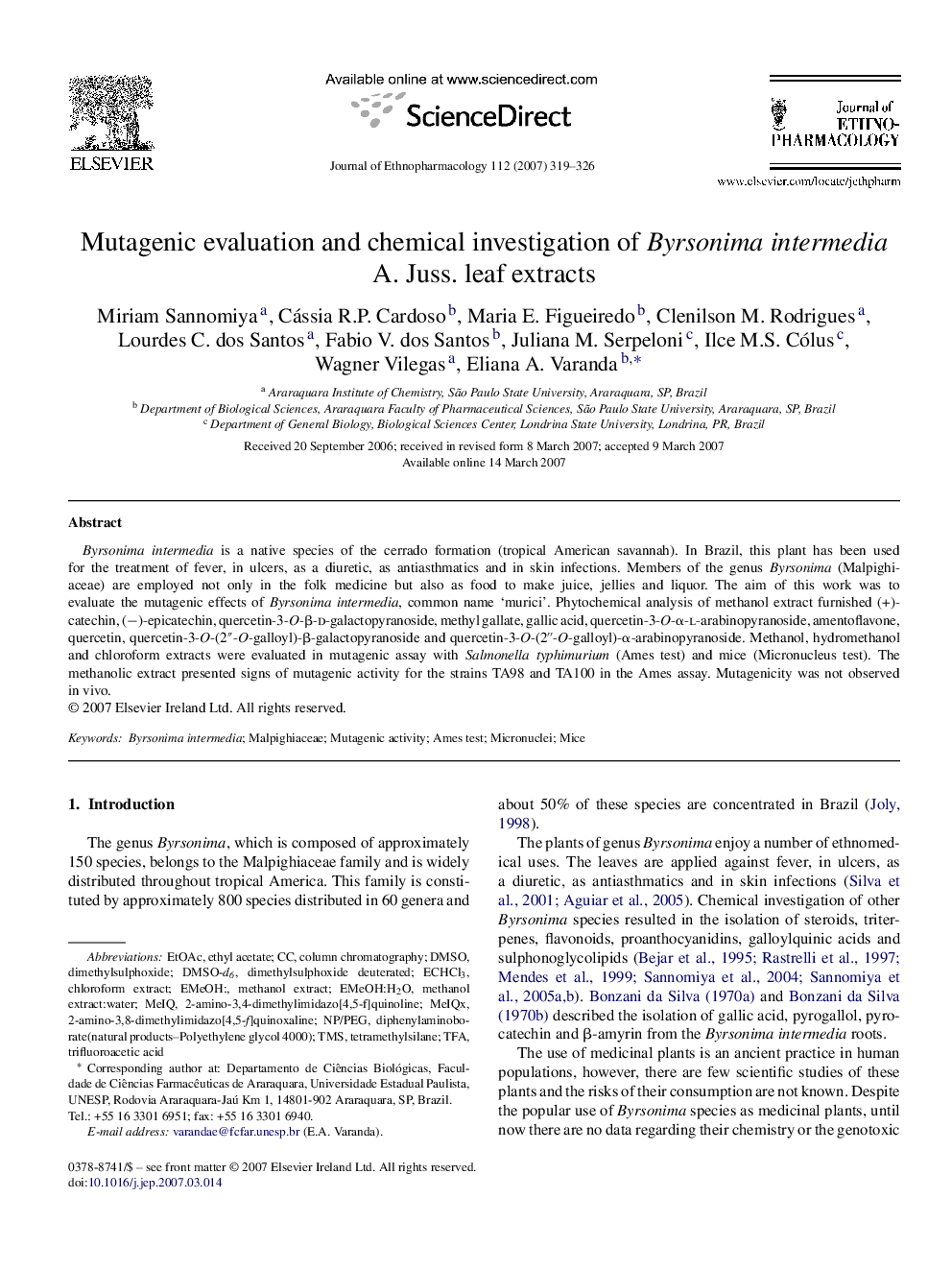 Mutagenic evaluation and chemical investigation of Byrsonima intermedia A. Juss. leaf extracts