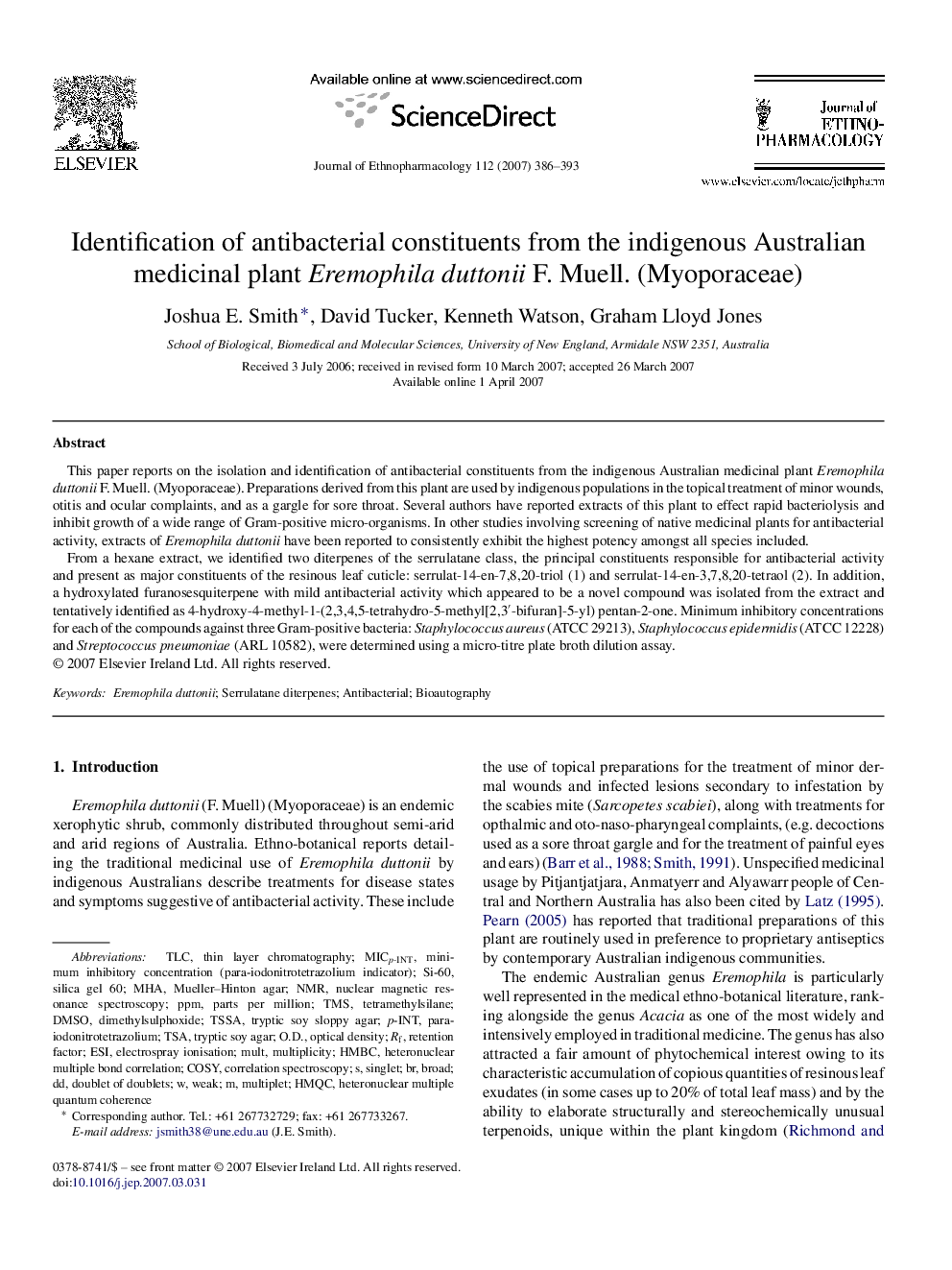 Identification of antibacterial constituents from the indigenous Australian medicinal plant Eremophila duttonii F. Muell. (Myoporaceae)