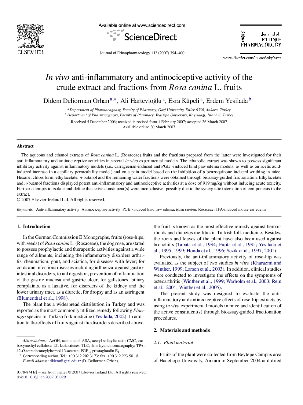 In vivo anti-inflammatory and antinociceptive activity of the crude extract and fractions from Rosa canina L. fruits