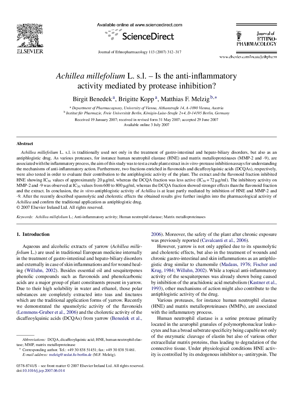 Achillea millefolium L. s.l. – Is the anti-inflammatory activity mediated by protease inhibition?