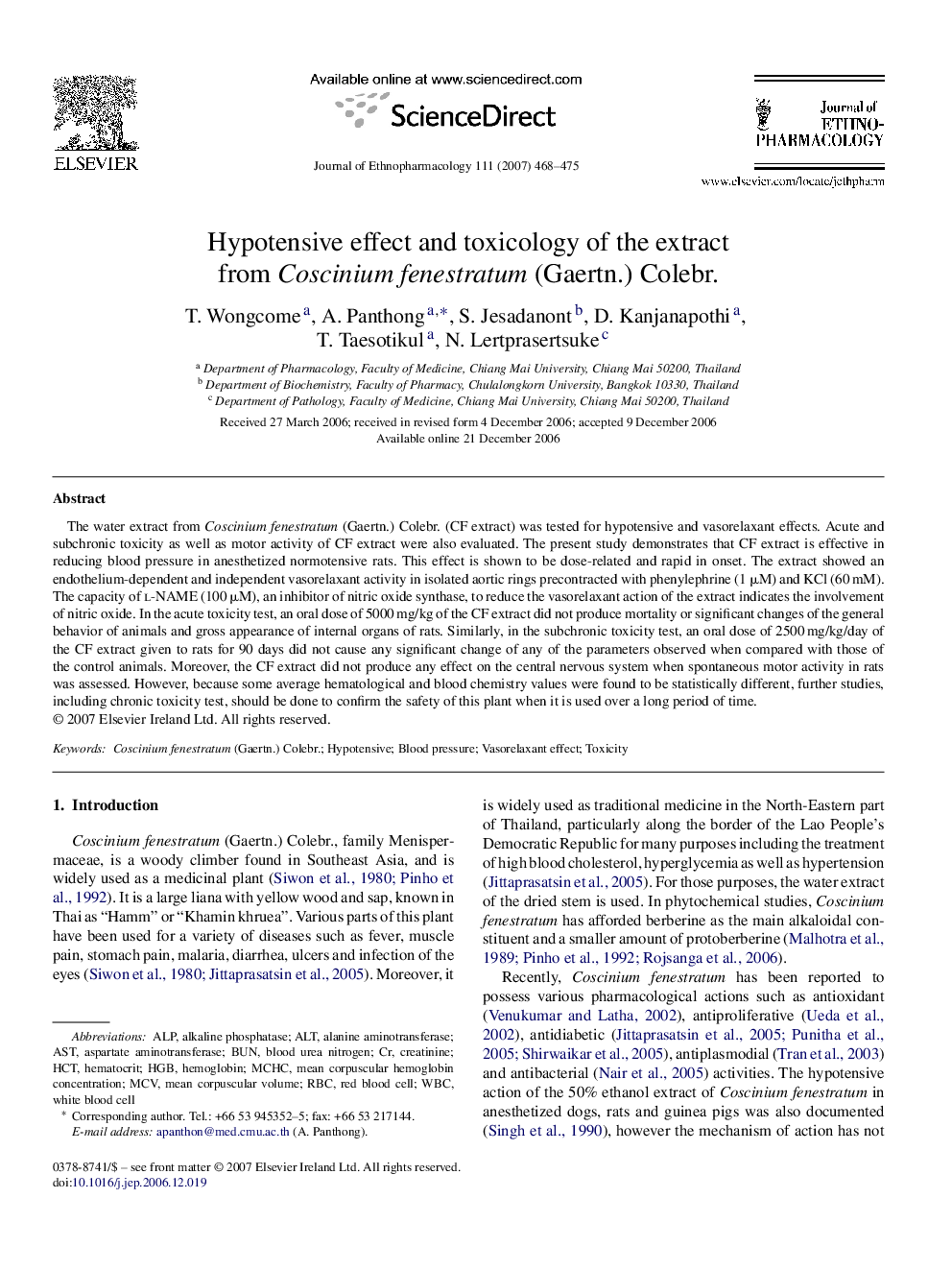 Hypotensive effect and toxicology of the extract from Coscinium fenestratum (Gaertn.) Colebr.