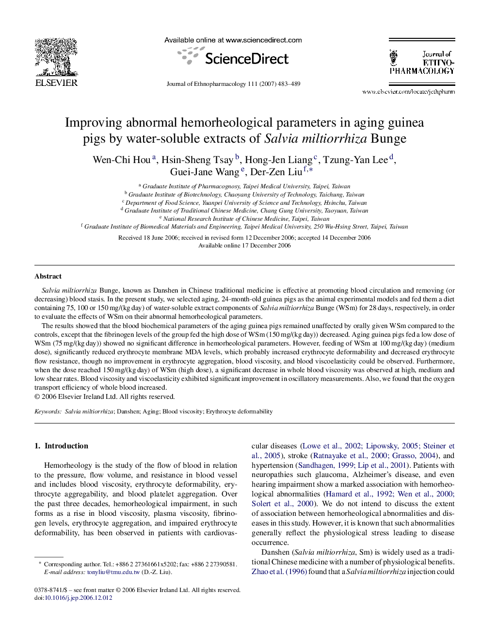 Improving abnormal hemorheological parameters in aging guinea pigs by water-soluble extracts of Salvia miltiorrhiza Bunge